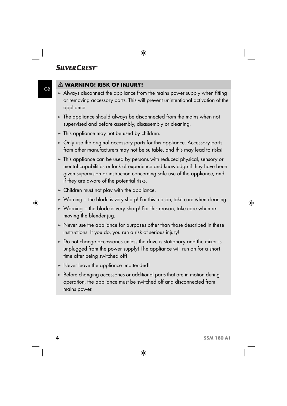 Warning! risk of injury, This appliance may not be used by children, Children must not play with the appliance | Never leave the appliance unattended | Silvercrest SSM 180 A1 User Manual | Page 7 / 64