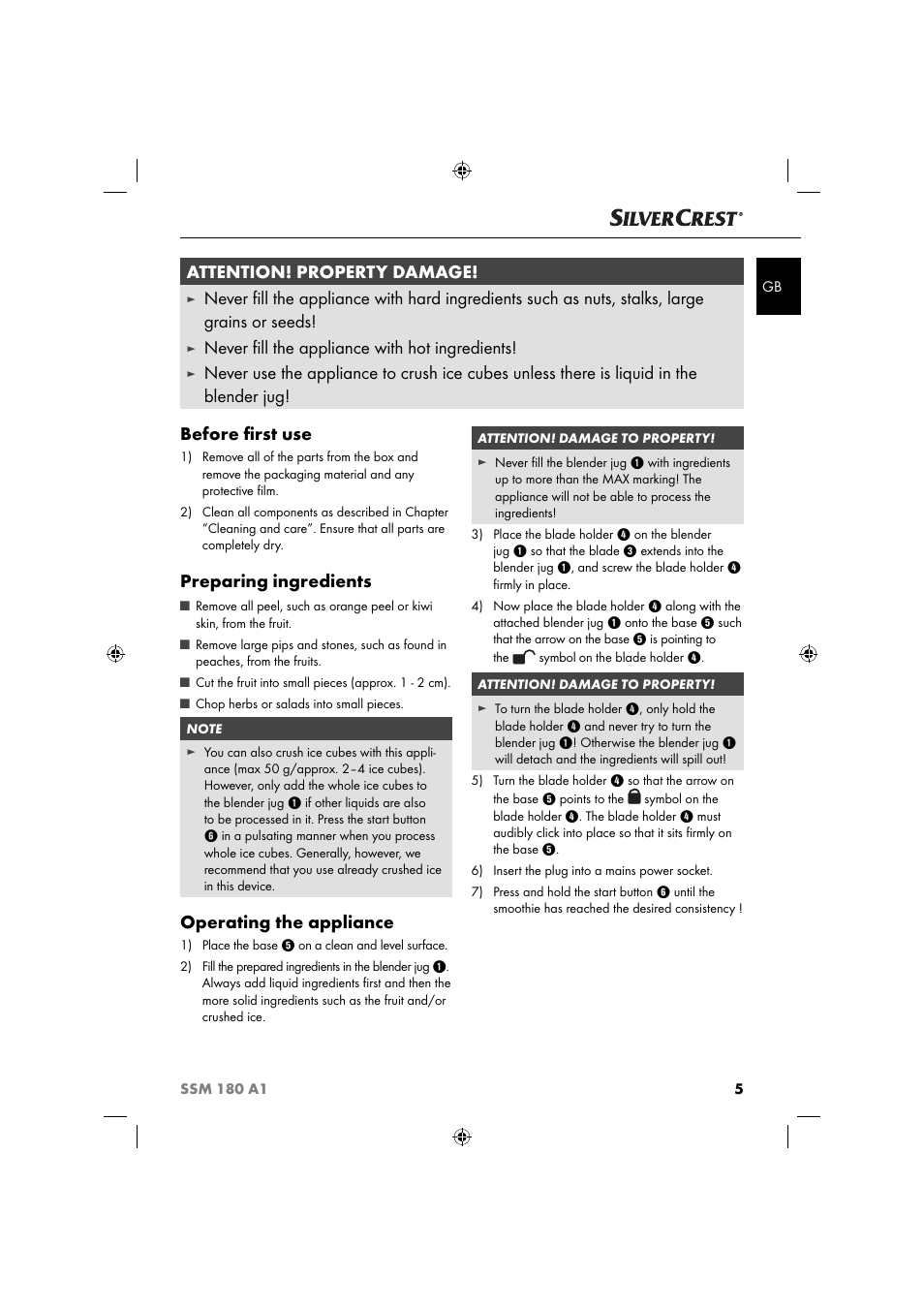 Attention! property damage, Never ﬁ ll the appliance with hot ingredients, Preparing ingredients | Operating the appliance | Silvercrest SSM 180 A1 User Manual | Page 8 / 64