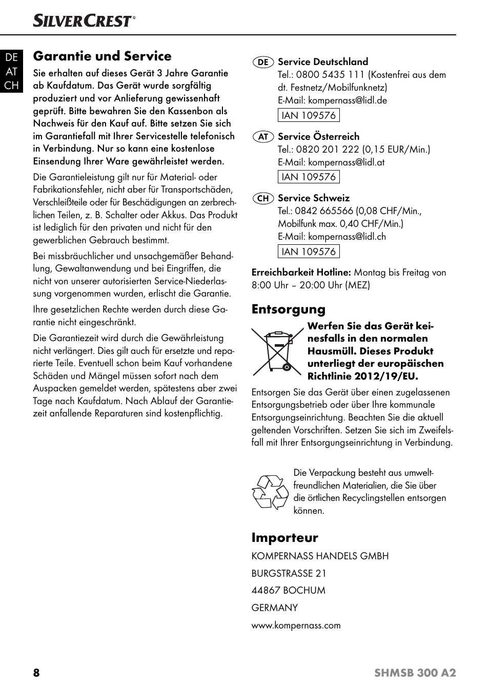 Garantie und service, Entsorgung, Importeur | Silvercrest SHMSB 300 A2 User Manual | Page 11 / 36
