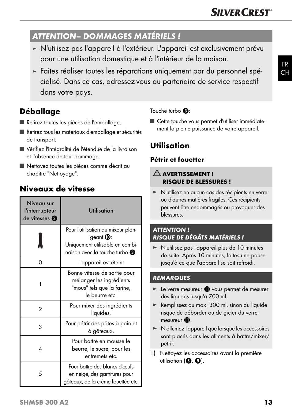 Attention – dommages matériels, Niveaux de vitesse, Utilisation | Silvercrest SHMSB 300 A2 User Manual | Page 16 / 36