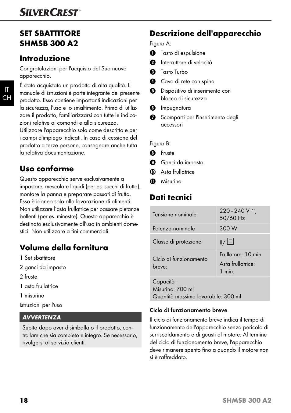 Set sbattitore shmsb 300 a2 introduzione, Uso conforme, Volume della fornitura | Descrizione dell'apparecchio, Dati tecnici | Silvercrest SHMSB 300 A2 User Manual | Page 21 / 36