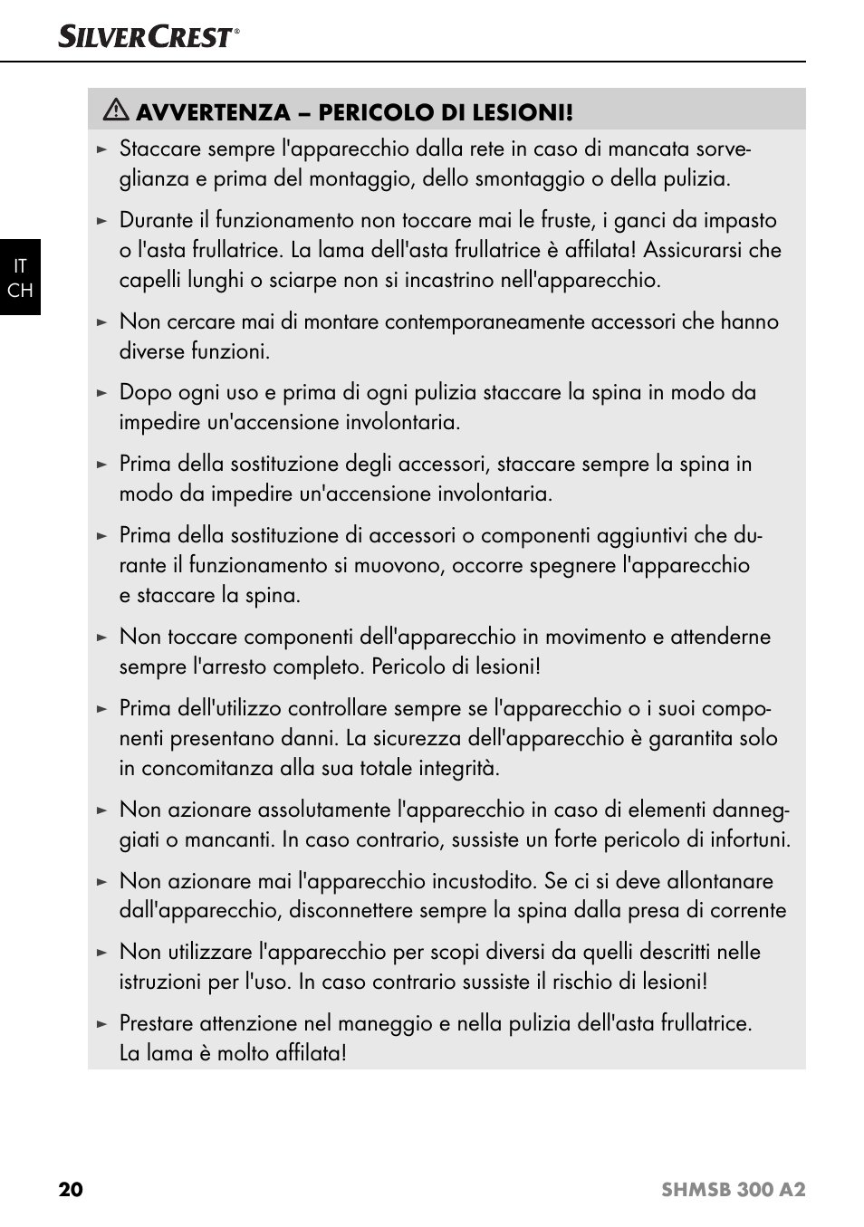 Avvertenza – pericolo di lesioni | Silvercrest SHMSB 300 A2 User Manual | Page 23 / 36