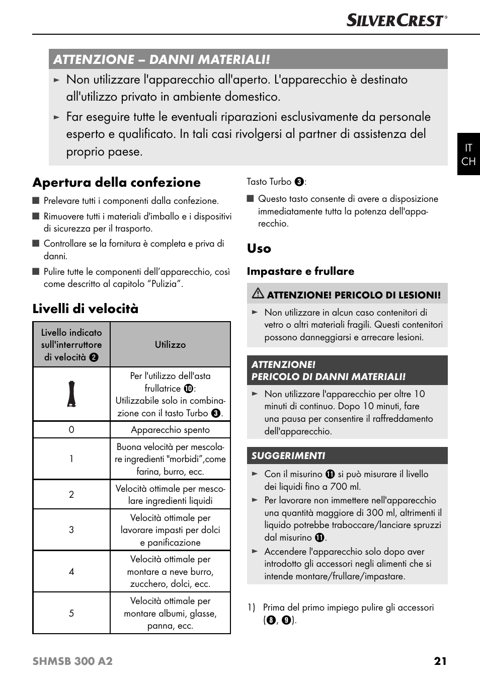 Attenzione – danni materiali, Livelli di velocità | Silvercrest SHMSB 300 A2 User Manual | Page 24 / 36