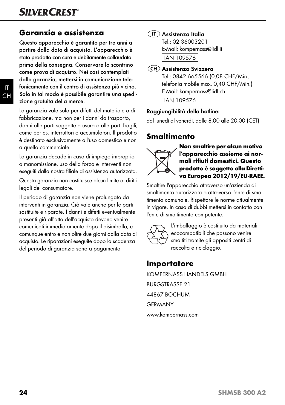 Garanzia e assistenza, Smaltimento, Importatore | Silvercrest SHMSB 300 A2 User Manual | Page 27 / 36