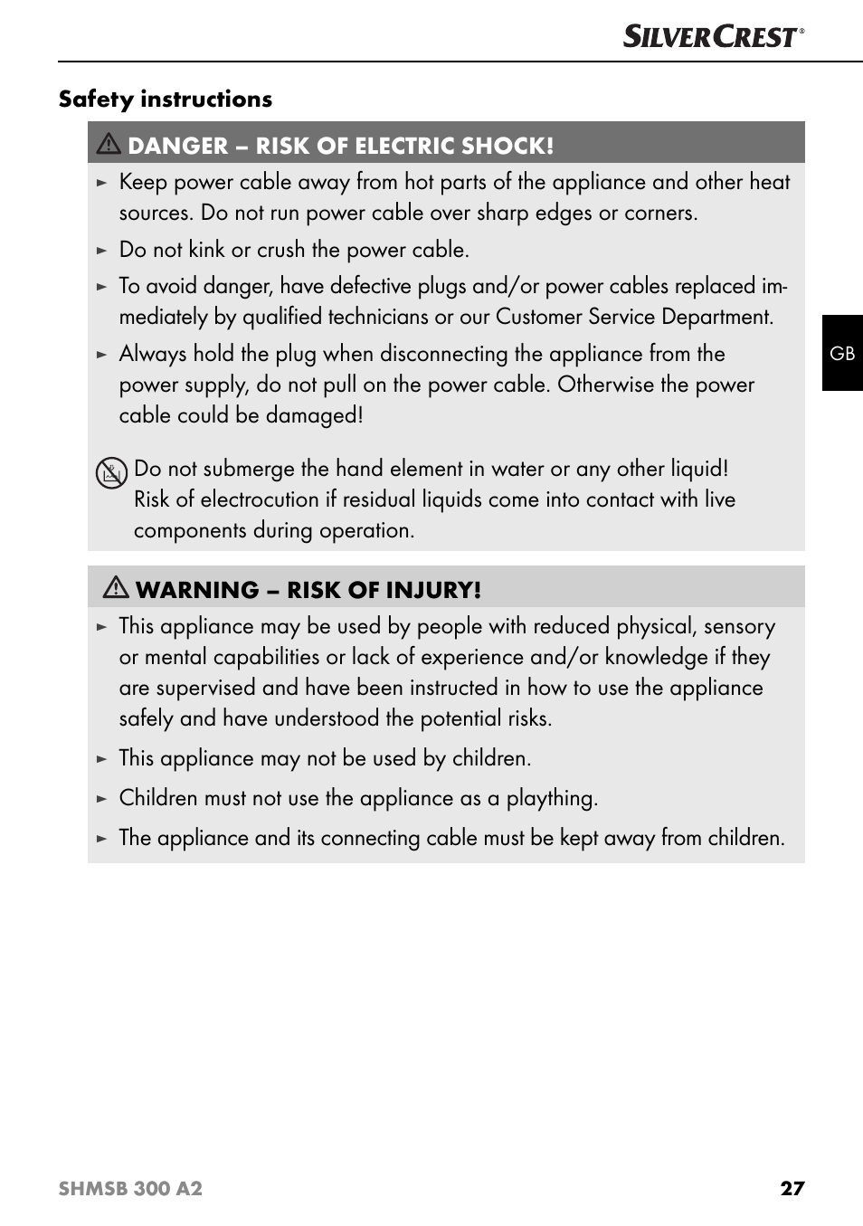 Do not kink or crush the power cable, This appliance may not be used by children, Children must not use the appliance as a plaything | Silvercrest SHMSB 300 A2 User Manual | Page 30 / 36