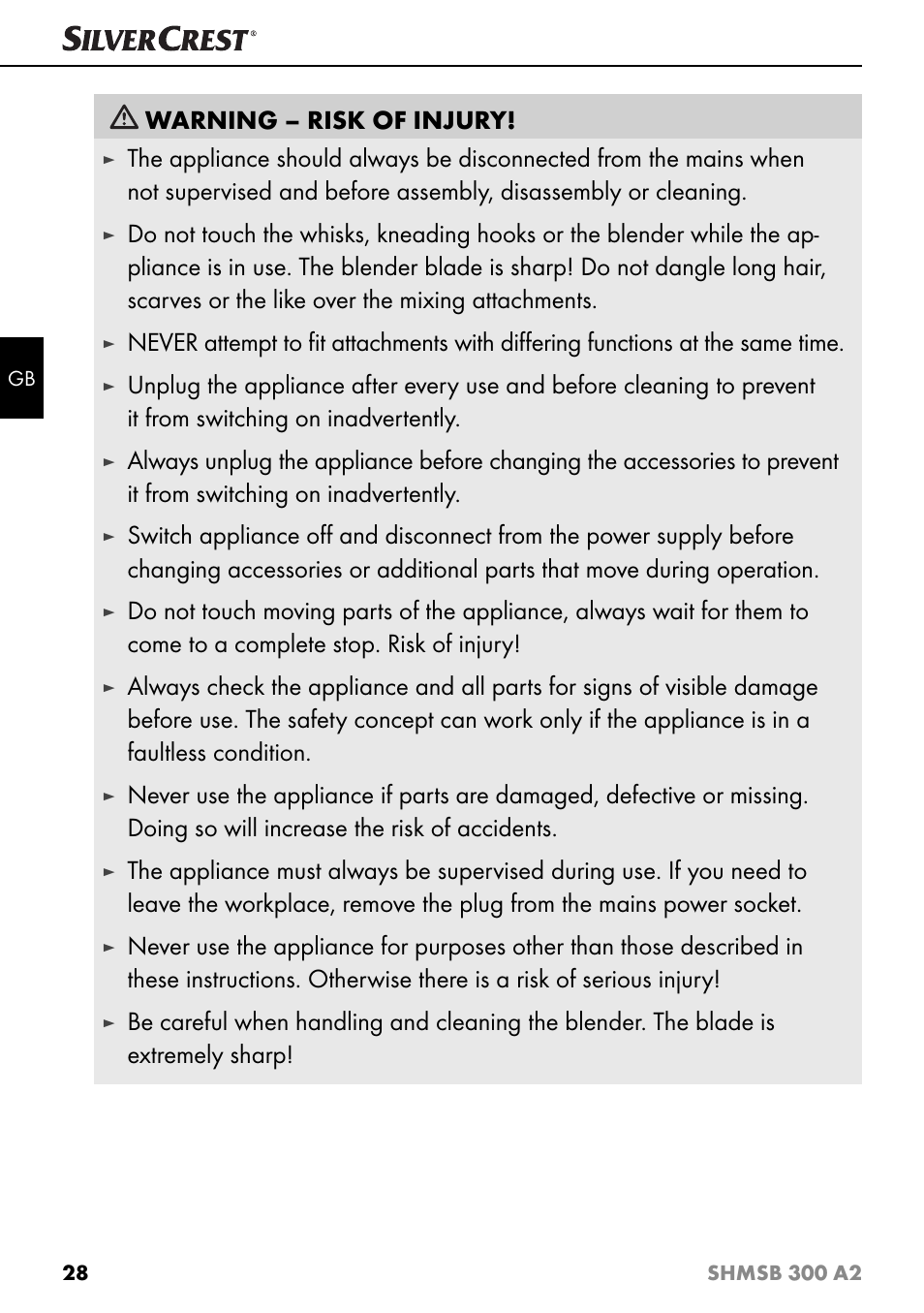 Warning – risk of injury | Silvercrest SHMSB 300 A2 User Manual | Page 31 / 36