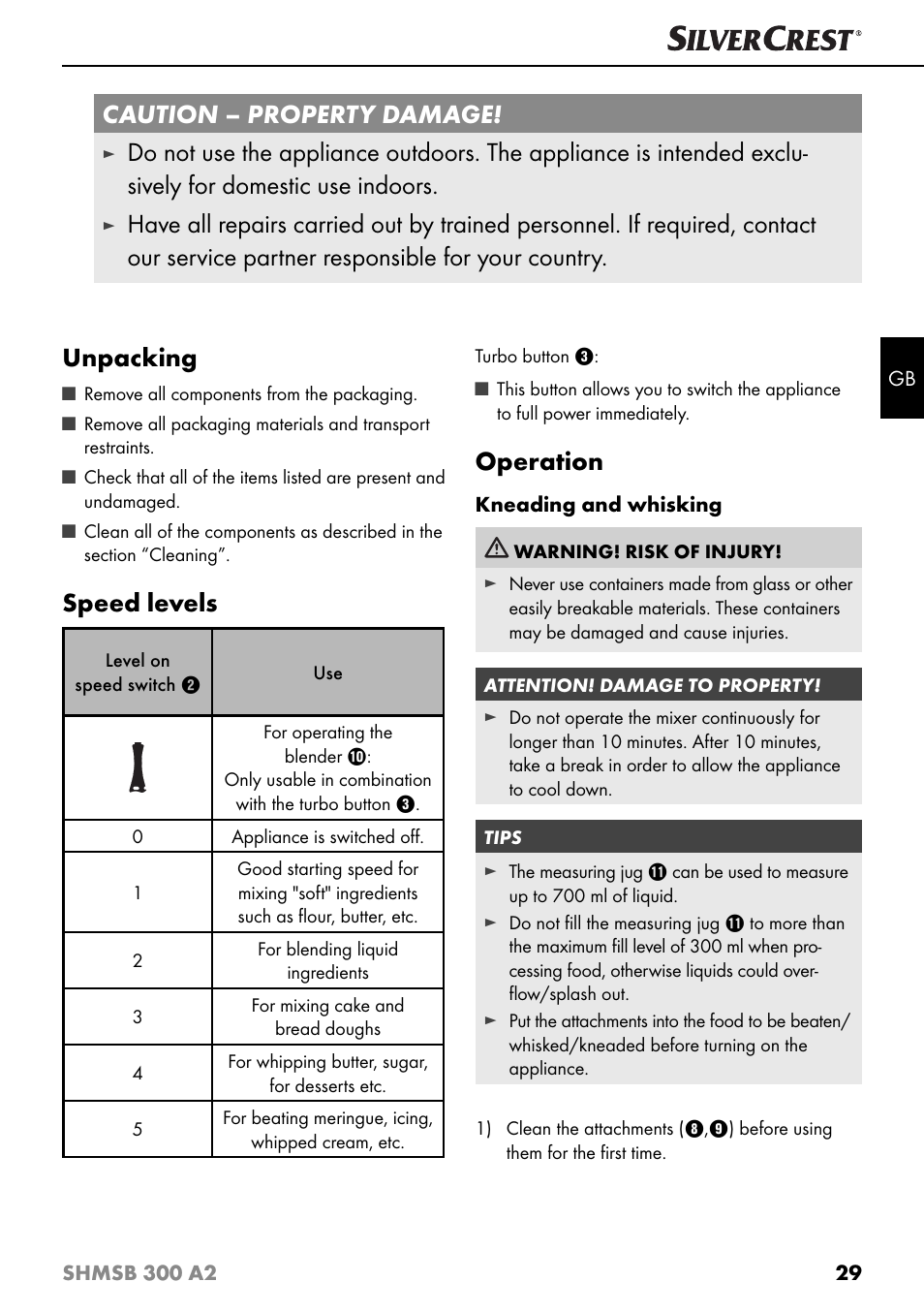 Caution – property damage, Speed levels, Operation | Silvercrest SHMSB 300 A2 User Manual | Page 32 / 36