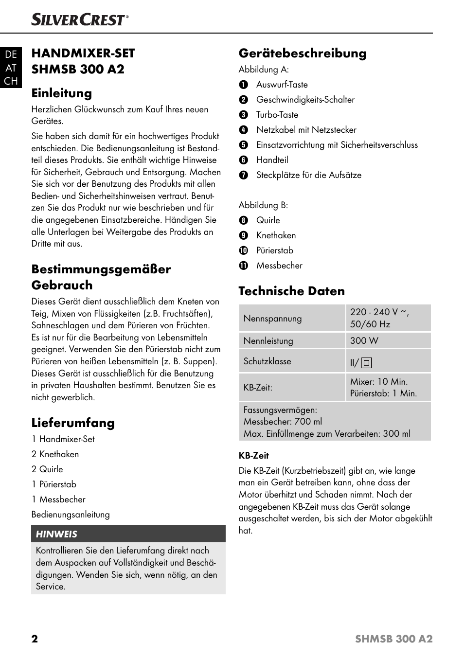 Handmixer-set shmsb 300 a2 einleitung, Bestimmungsgemäßer gebrauch, Lieferumfang | Gerätebeschreibung, Technische daten | Silvercrest SHMSB 300 A2 User Manual | Page 5 / 36