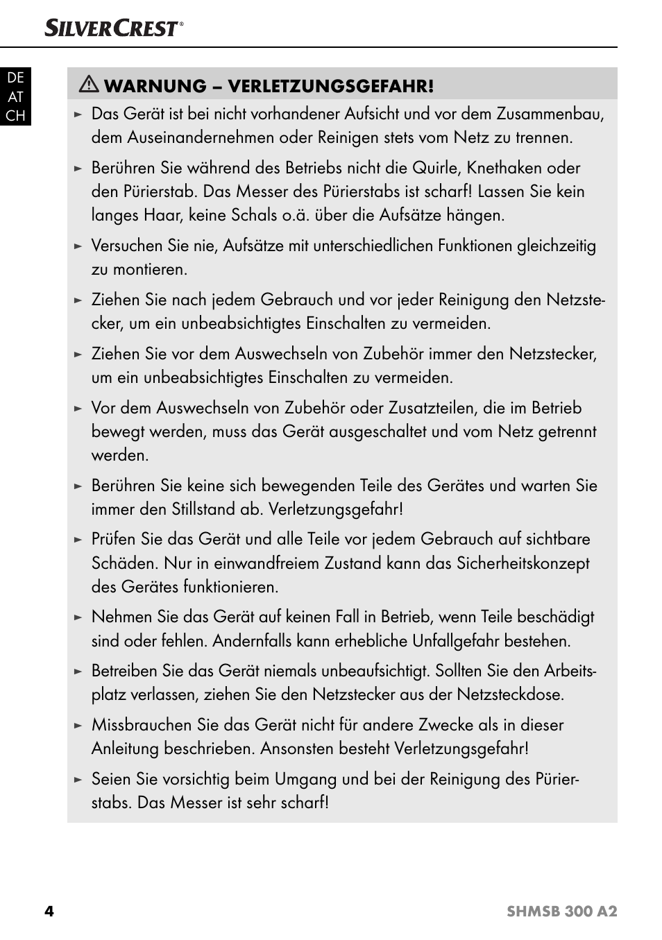 Warnung – verletzungsgefahr | Silvercrest SHMSB 300 A2 User Manual | Page 7 / 36