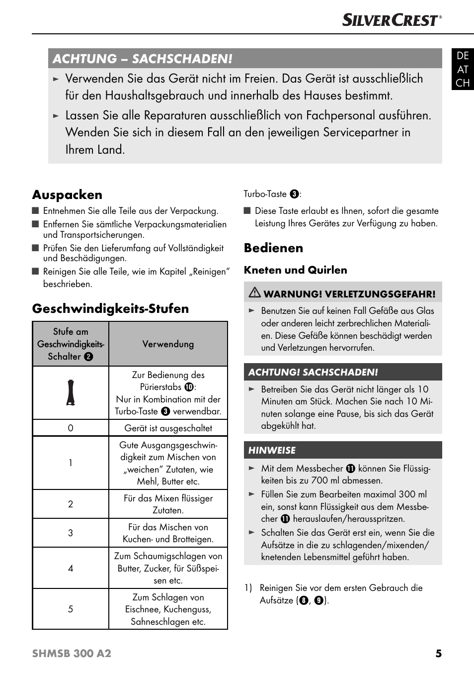 Achtung – sachschaden, Geschwindigkeits-stufen, Bedienen | Silvercrest SHMSB 300 A2 User Manual | Page 8 / 36