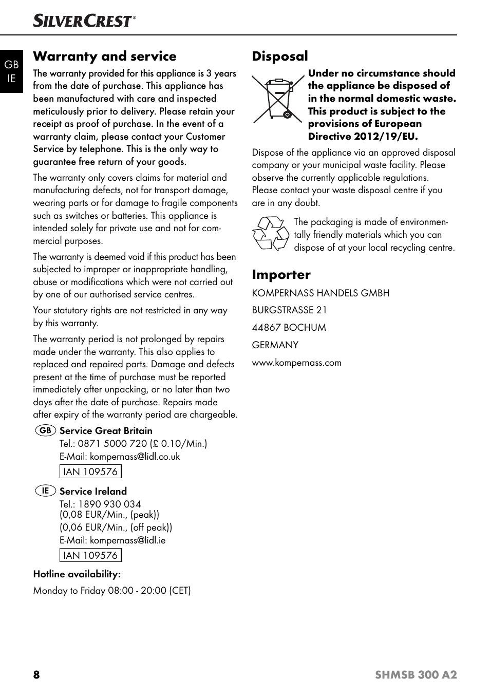 Warranty and service, Disposal, Importer | Silvercrest SHMSB 300 A2 User Manual | Page 11 / 60