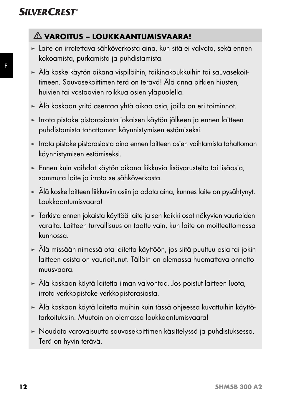 Varoitus – loukkaantumisvaara | Silvercrest SHMSB 300 A2 User Manual | Page 15 / 60