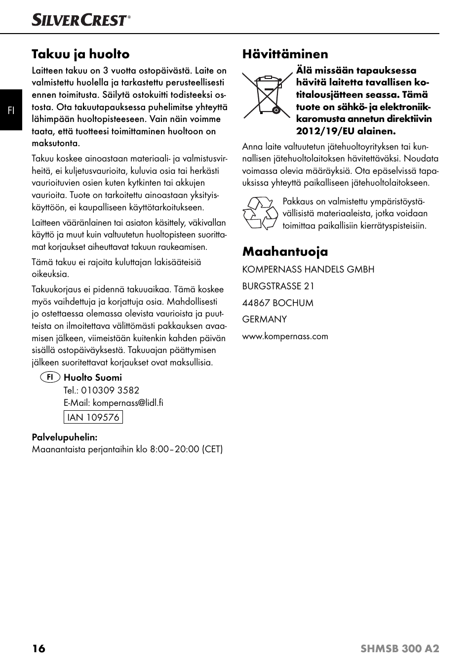 Takuu ja huolto, Hävittäminen, Maahantuoja | Silvercrest SHMSB 300 A2 User Manual | Page 19 / 60