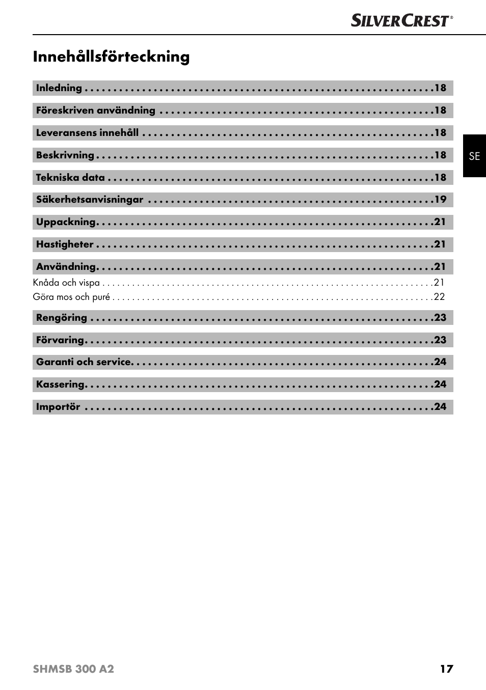 Innehållsförteckning | Silvercrest SHMSB 300 A2 User Manual | Page 20 / 60