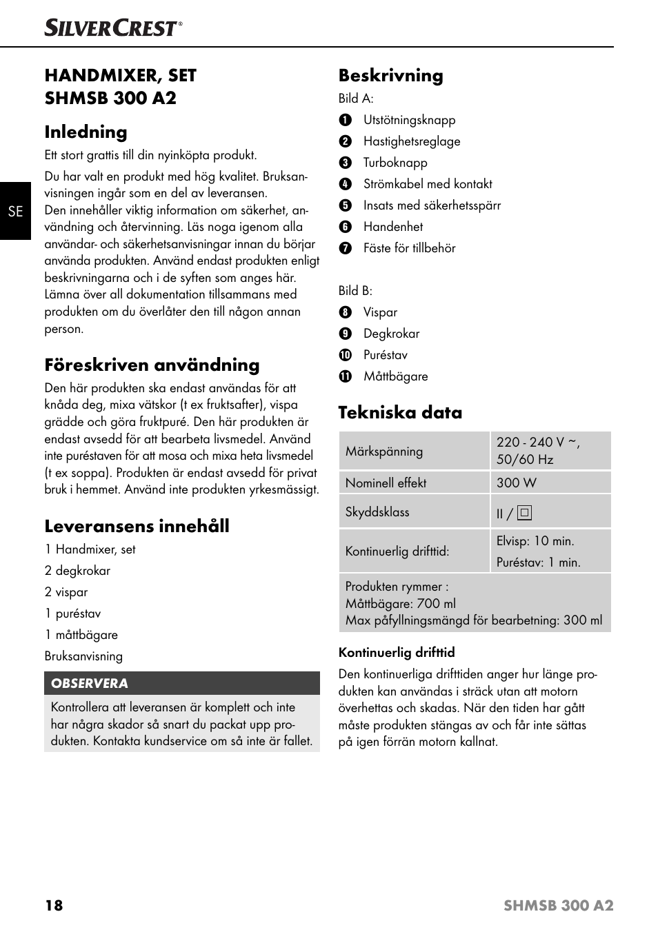 Handmixer, set shmsb 300 a2 inledning, Föreskriven användning, Leveransens innehåll | Beskrivning, Tekniska data | Silvercrest SHMSB 300 A2 User Manual | Page 21 / 60