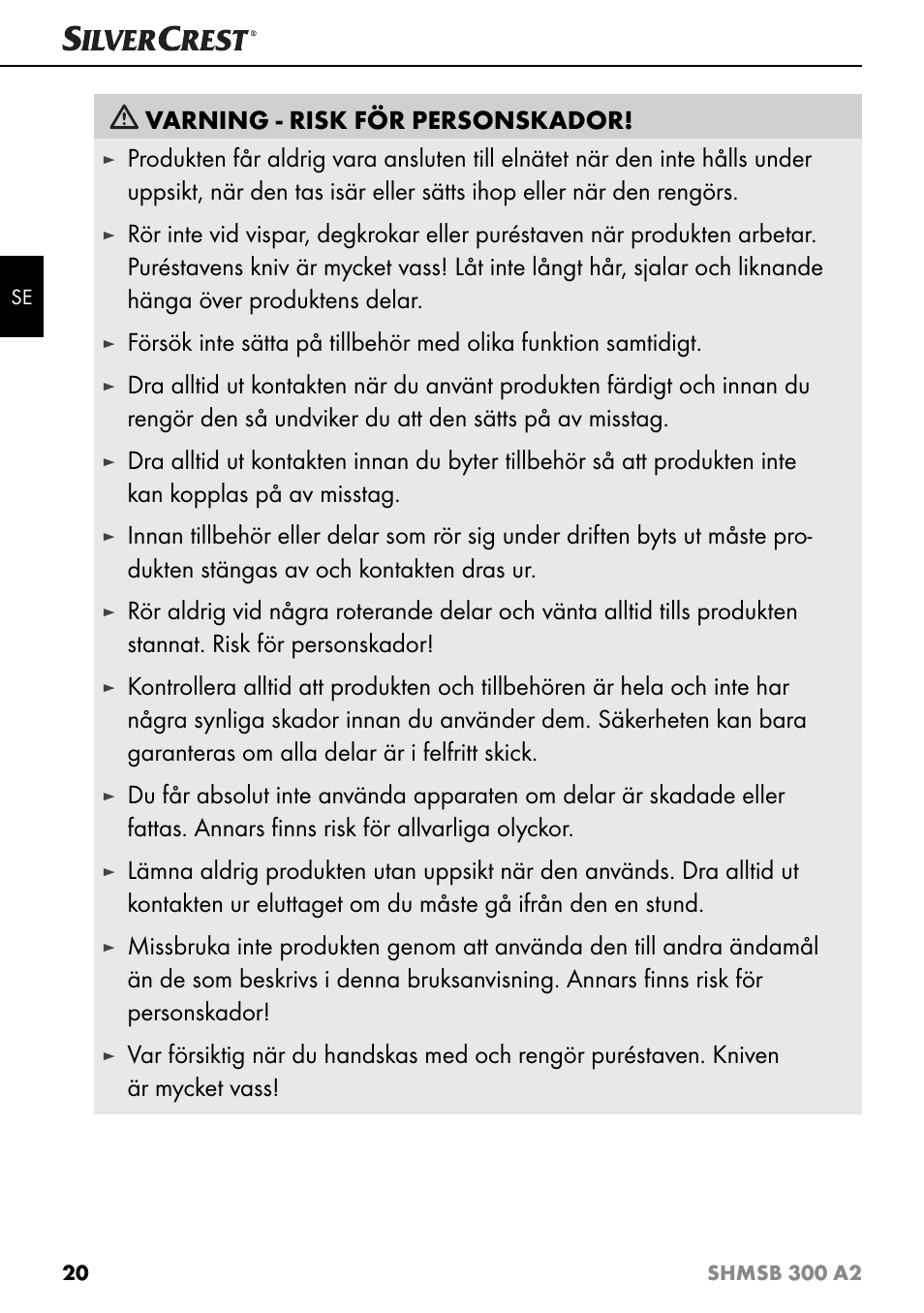 Varning - risk för personskador | Silvercrest SHMSB 300 A2 User Manual | Page 23 / 60