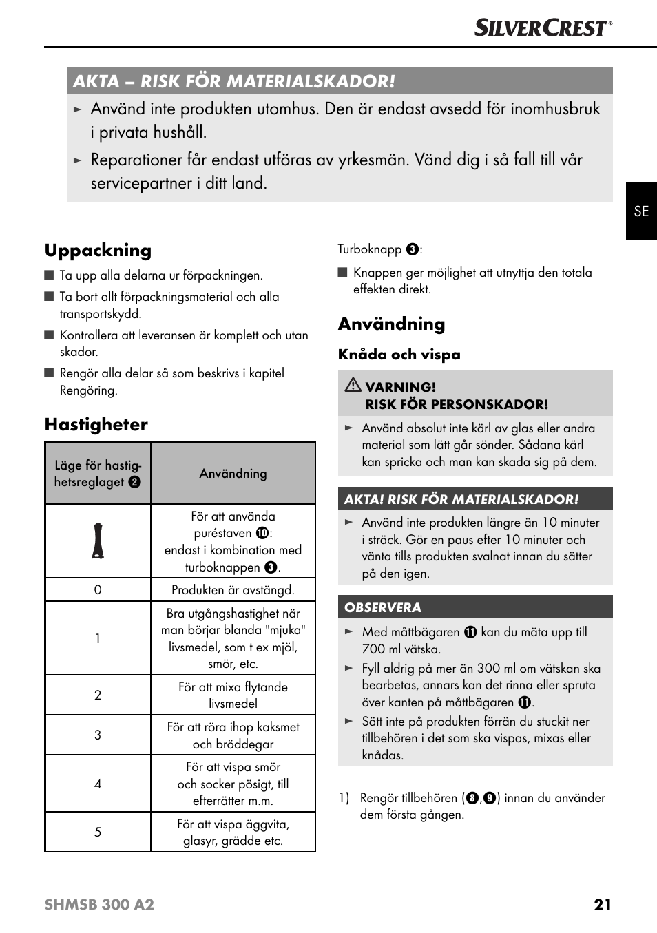 Akta – risk för materialskador, Hastigheter, Användning | Silvercrest SHMSB 300 A2 User Manual | Page 24 / 60