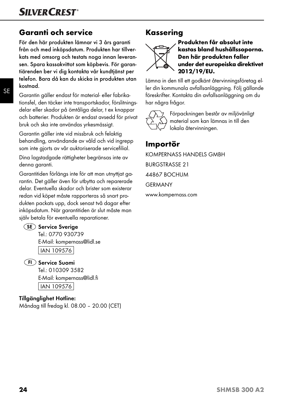 Garanti och service, Kassering, Importör | Silvercrest SHMSB 300 A2 User Manual | Page 27 / 60
