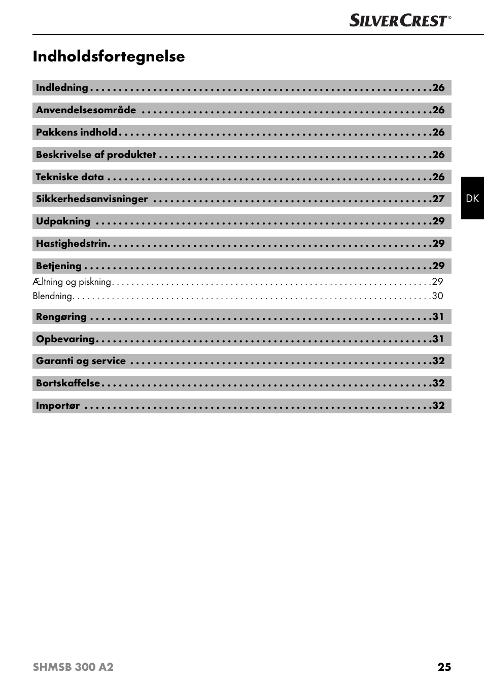 Indholdsfortegnelse | Silvercrest SHMSB 300 A2 User Manual | Page 28 / 60