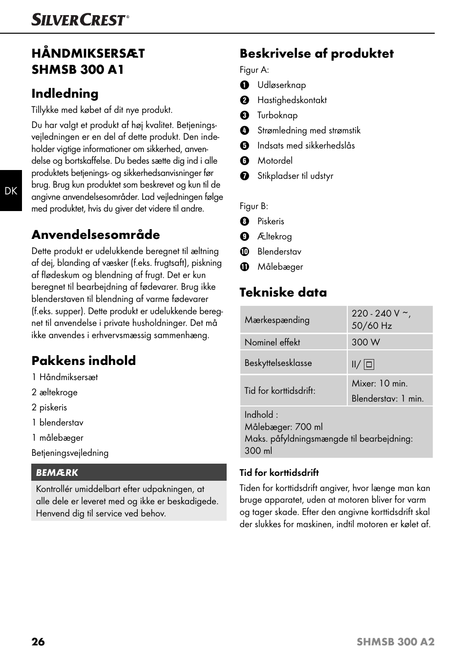 Håndmiksersæt shmsb 300 a1 indledning, Anvendelsesområde, Pakkens indhold | Beskrivelse af produktet, Tekniske data | Silvercrest SHMSB 300 A2 User Manual | Page 29 / 60