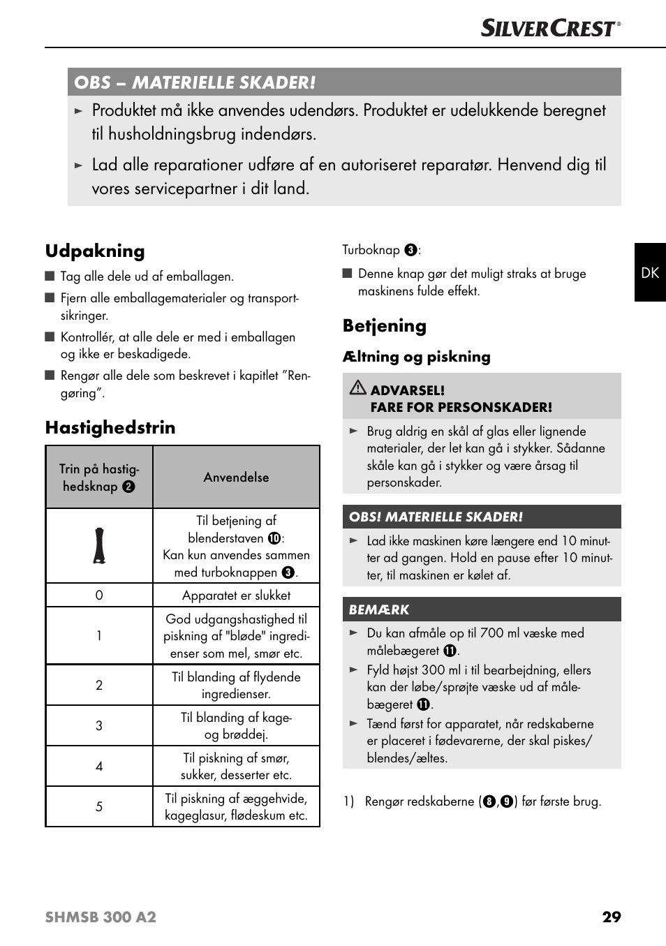 Obs – materielle skader, Hastighedstrin, Betjening | Silvercrest SHMSB 300 A2 User Manual | Page 32 / 60
