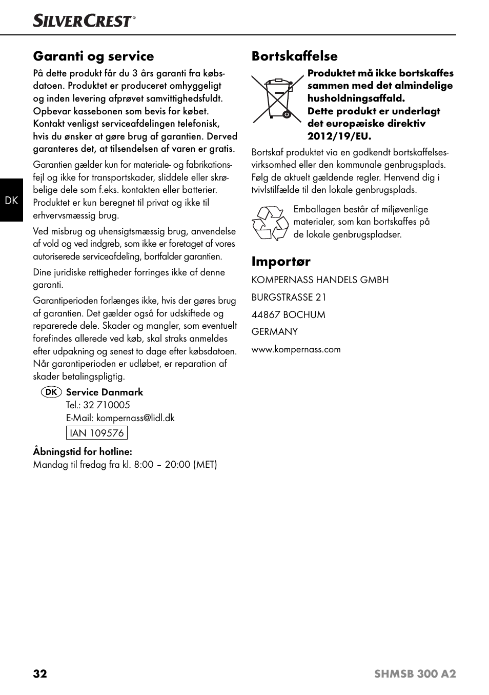 Garanti og service, Bortskaﬀ else, Importør | Silvercrest SHMSB 300 A2 User Manual | Page 35 / 60