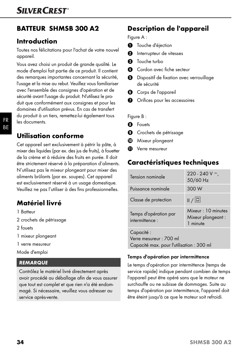 Batteur shmsb 300 a2 introduction, Utilisation conforme, Matériel livré | Description de l'appareil, Caractéristiques techniques | Silvercrest SHMSB 300 A2 User Manual | Page 37 / 60