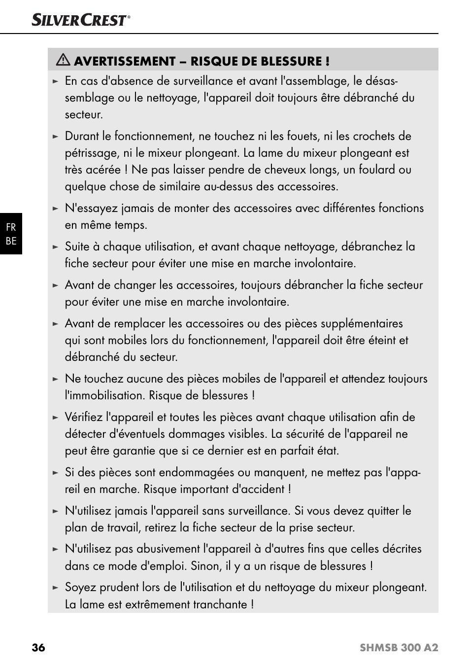 Avertissement – risque de blessure | Silvercrest SHMSB 300 A2 User Manual | Page 39 / 60
