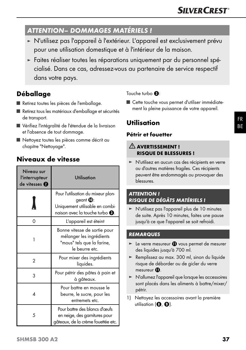 Attention – dommages matériels, Niveaux de vitesse, Utilisation | Silvercrest SHMSB 300 A2 User Manual | Page 40 / 60