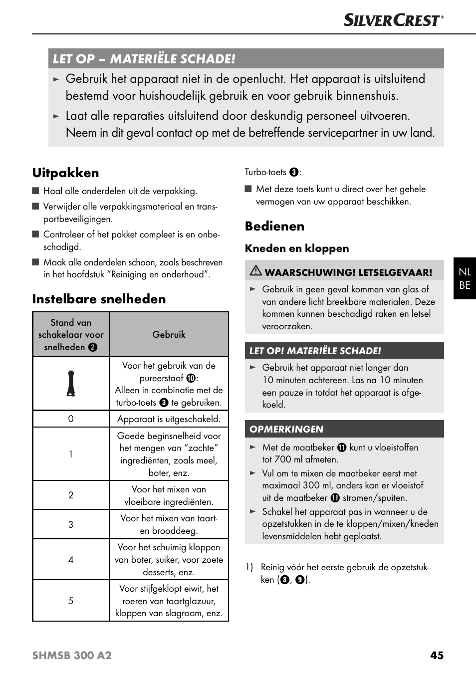 Let op – materiële schade, Instelbare snelheden, Bedienen | Silvercrest SHMSB 300 A2 User Manual | Page 48 / 60