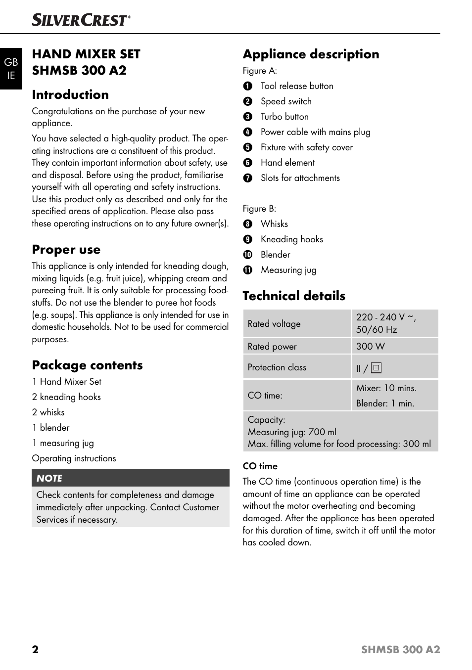 Hand mixer set shmsb 300 a2 introduction, Proper use, Package contents | Appliance description, Technical details | Silvercrest SHMSB 300 A2 User Manual | Page 5 / 60