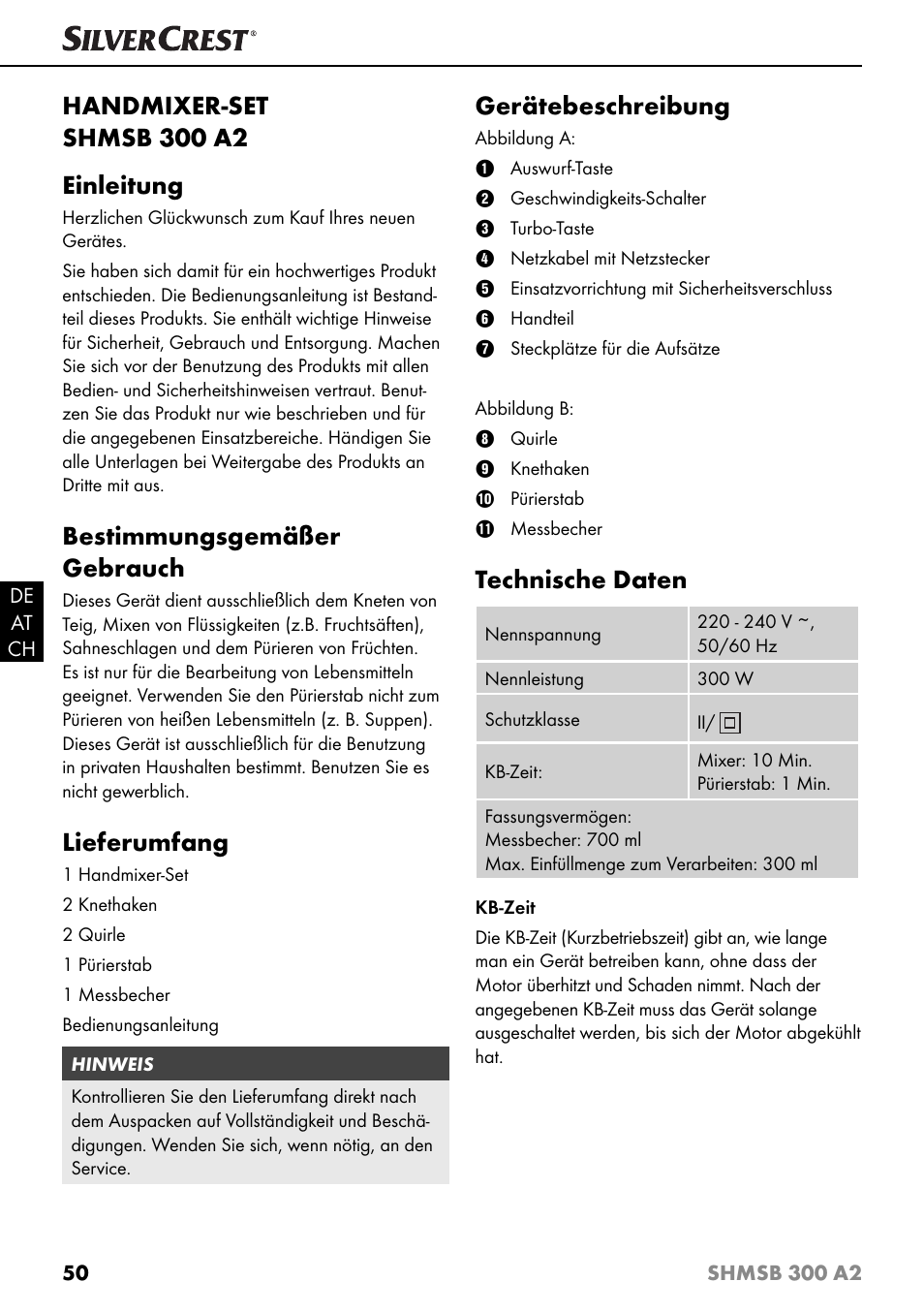 Handmixer-set shmsb 300 a2 einleitung, Bestimmungsgemäßer gebrauch, Lieferumfang | Gerätebeschreibung, Technische daten | Silvercrest SHMSB 300 A2 User Manual | Page 53 / 60