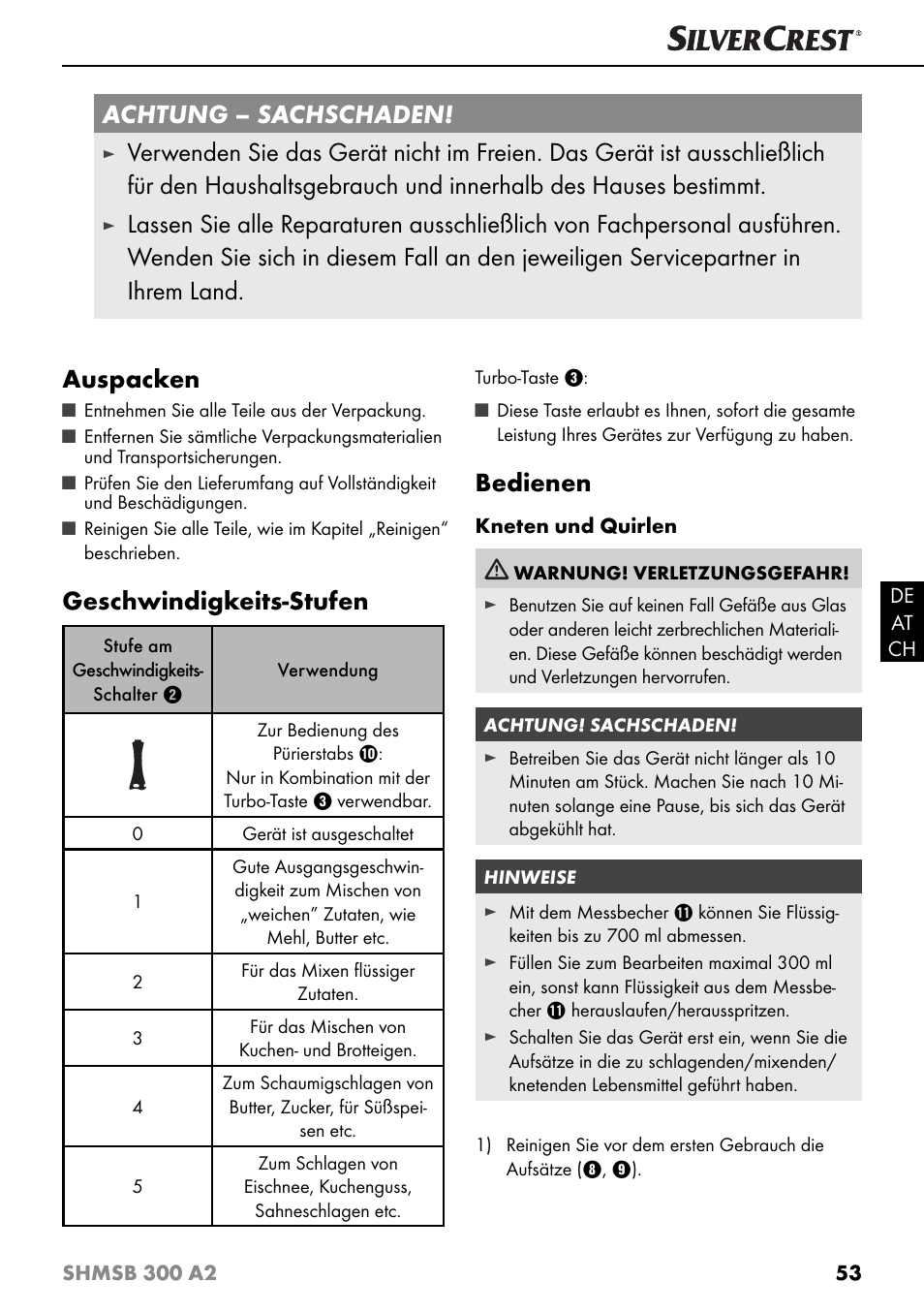 Achtung – sachschaden, Geschwindigkeits-stufen, Bedienen | Silvercrest SHMSB 300 A2 User Manual | Page 56 / 60