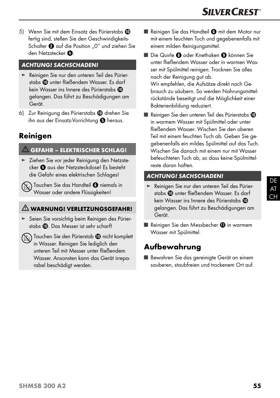 Reinigen, Aufbewahrung | Silvercrest SHMSB 300 A2 User Manual | Page 58 / 60