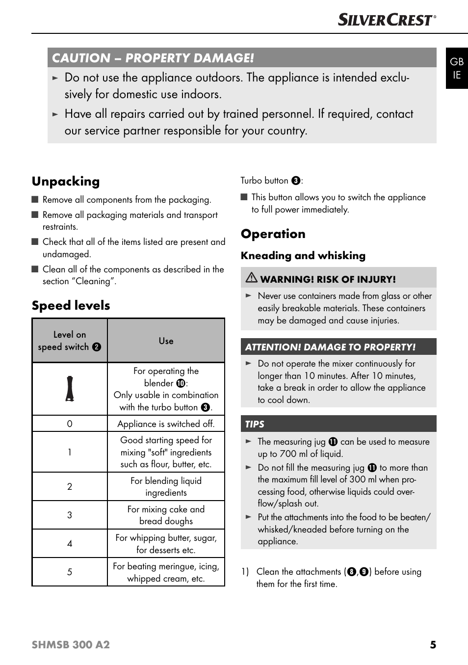 Caution – property damage, Speed levels, Operation | Silvercrest SHMSB 300 A2 User Manual | Page 8 / 60