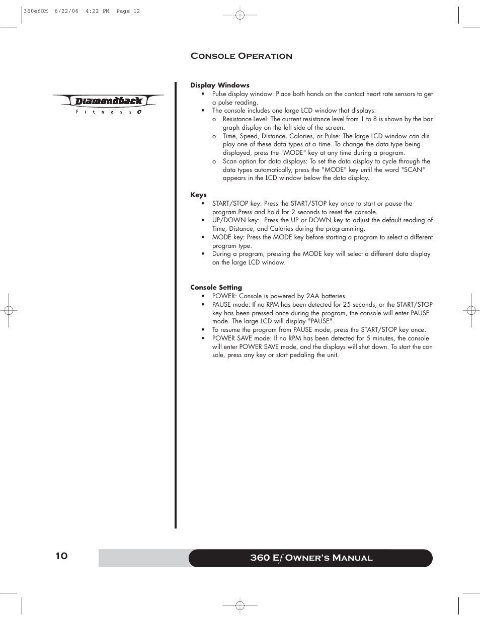 360 e f owner’s manual console operation | Diamondback 360 Ef User Manual | Page 10 / 20