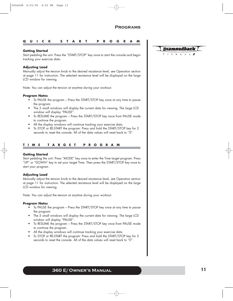 360 e f owner’s manual, Programs | Diamondback 360 Ef User Manual | Page 11 / 20