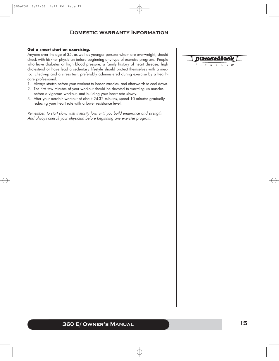 360 e f owner’s manual, Domestic warranty information | Diamondback 360 Ef User Manual | Page 15 / 20