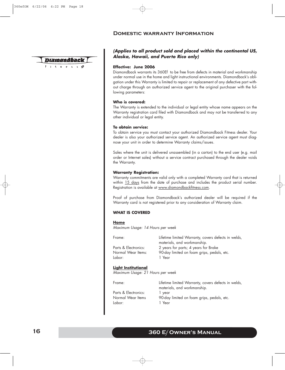 Domestic warranty information, 360 e f owner’s manual | Diamondback 360 Ef User Manual | Page 16 / 20