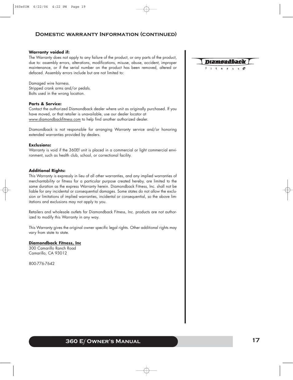 Diamondback 360 Ef User Manual | Page 17 / 20