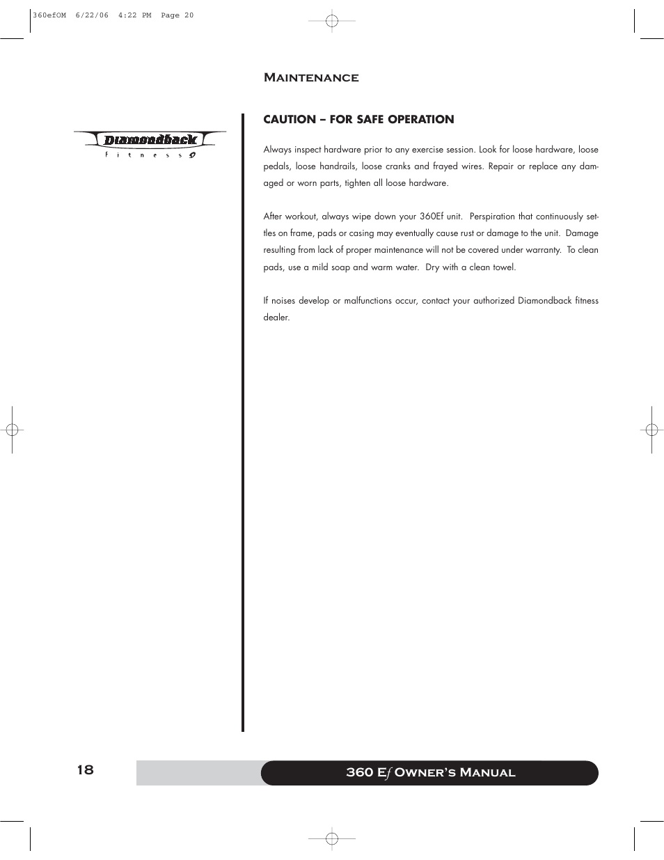 Maintenance, 360 e f owner’s manual | Diamondback 360 Ef User Manual | Page 18 / 20