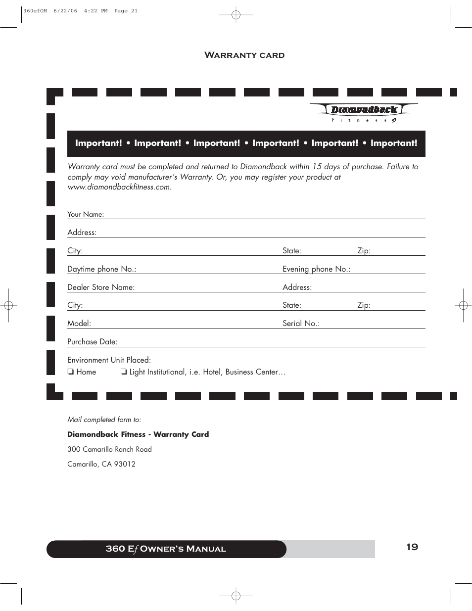 Diamondback 360 Ef User Manual | Page 19 / 20