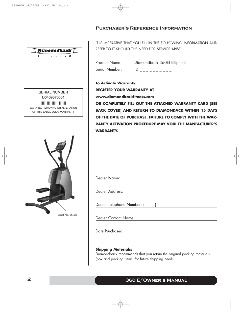 Diamondback 360 Ef User Manual | Page 2 / 20