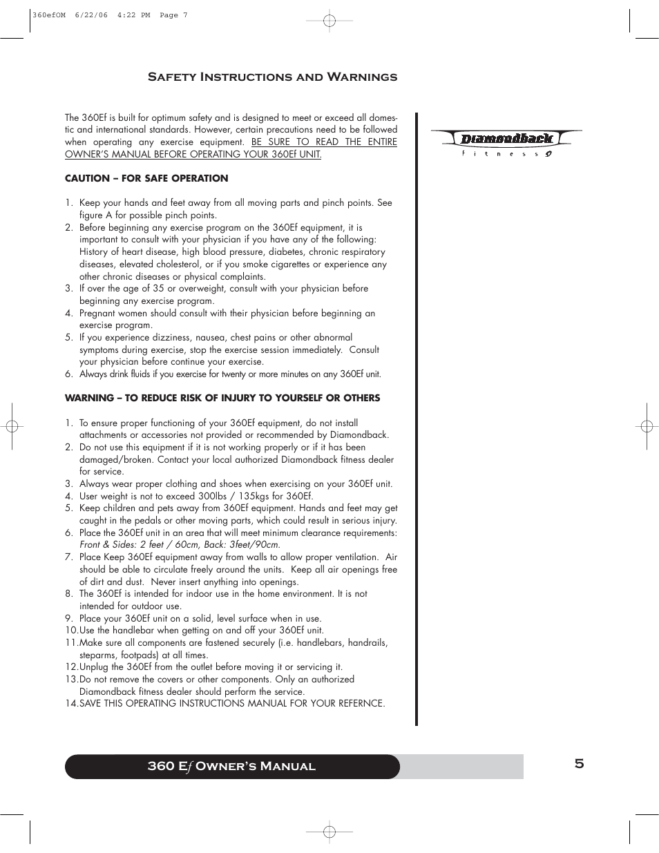 360 e f owner’s manual, Safety instructions and warnings | Diamondback 360 Ef User Manual | Page 5 / 20