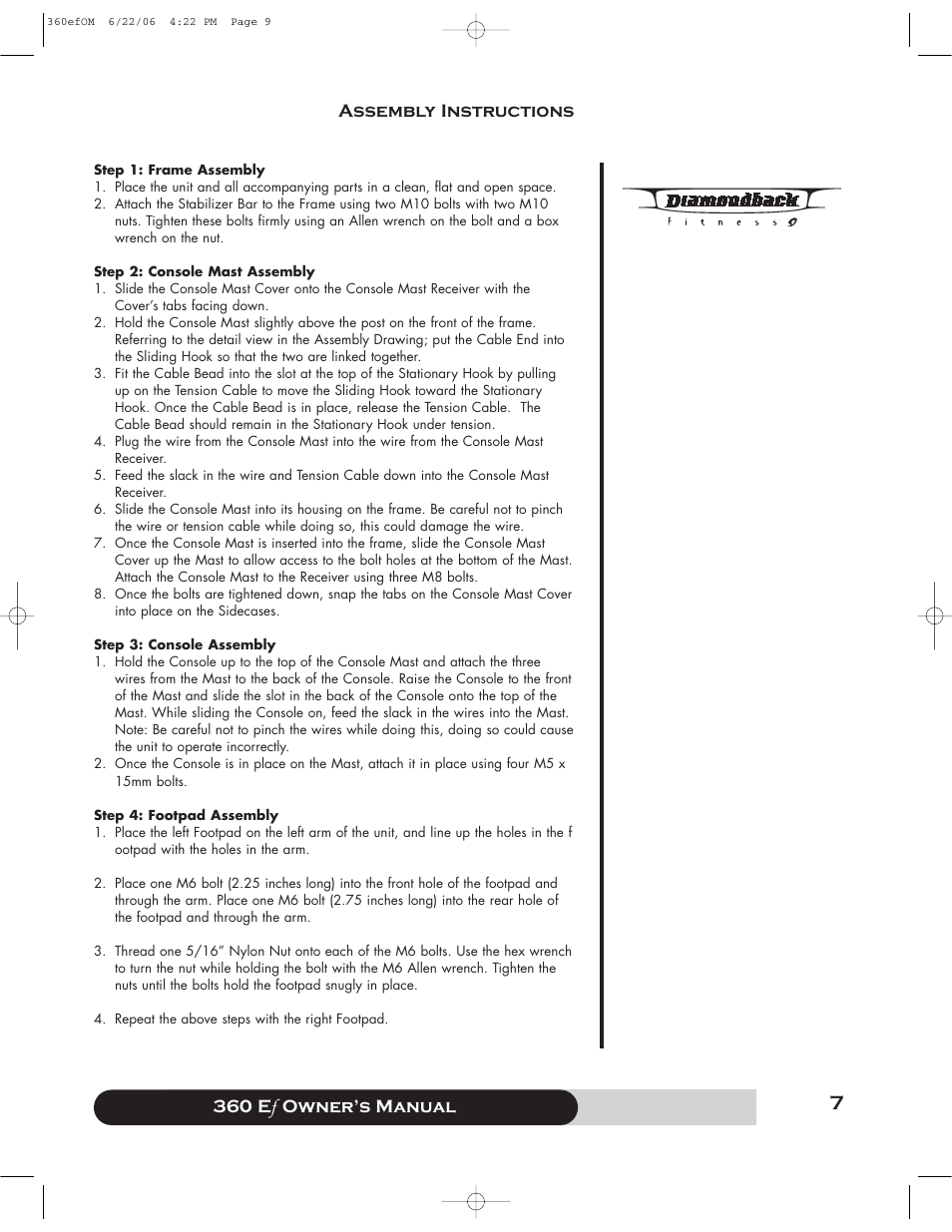 360 e f owner’s manual, Assembly instructions | Diamondback 360 Ef User Manual | Page 7 / 20
