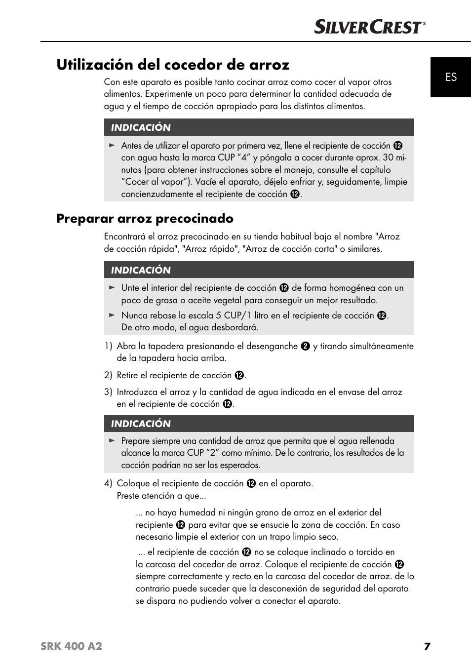 Utilización del cocedor de arroz, Preparar arroz precocinado | Silvercrest SRK 400 A2 User Manual | Page 10 / 84