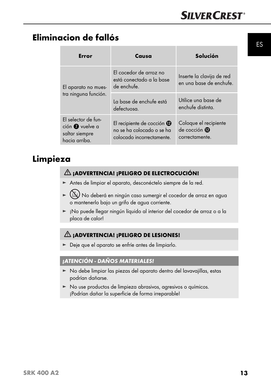 Eliminacion de fallós, Limpieza | Silvercrest SRK 400 A2 User Manual | Page 16 / 84