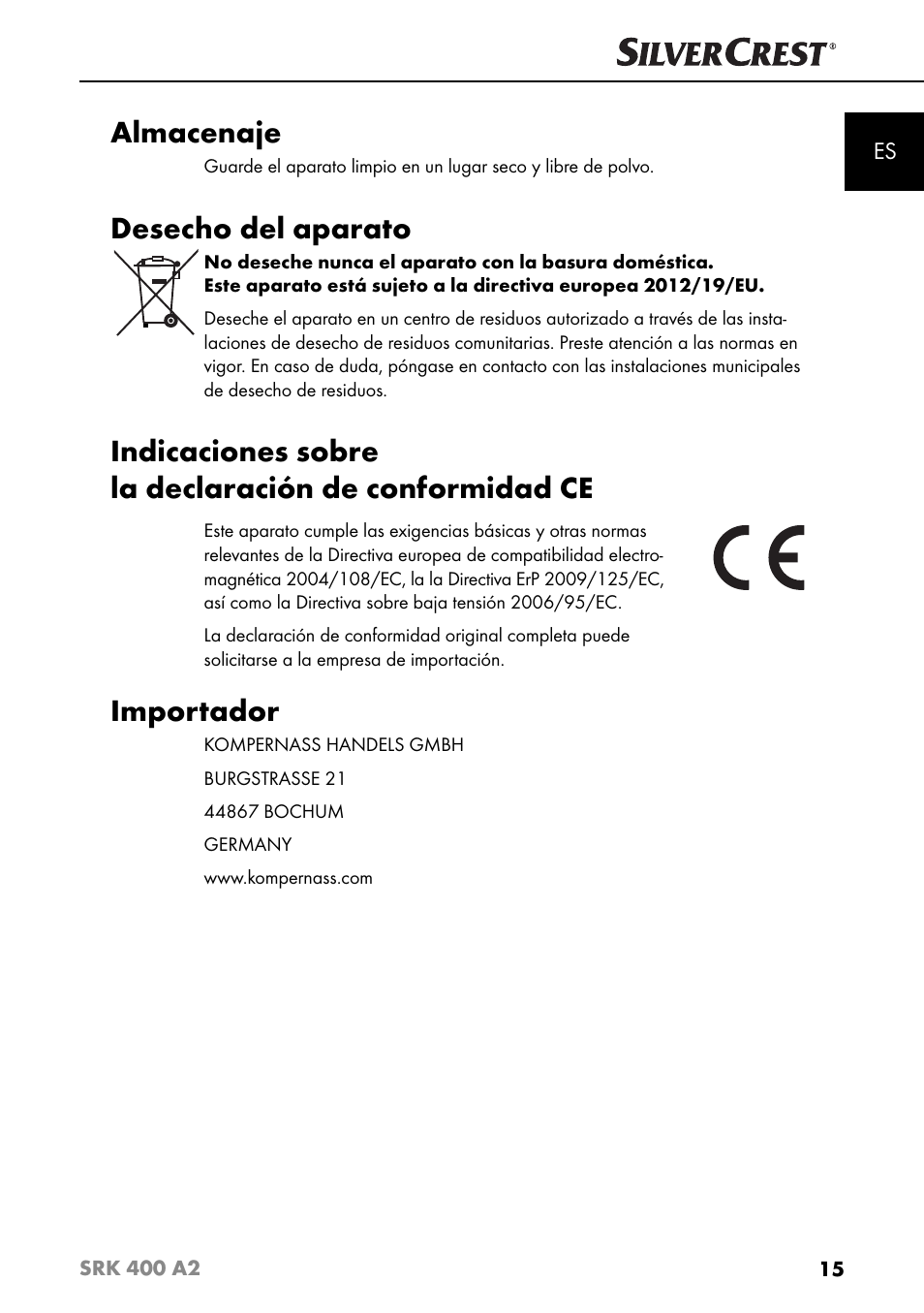 Almacenaje, Desecho del aparato, Importador | Silvercrest SRK 400 A2 User Manual | Page 18 / 84