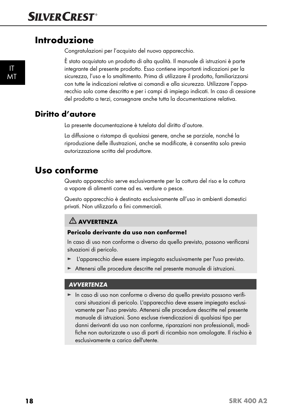 Introduzione, Uso conforme, Diritto d’autore | It mt | Silvercrest SRK 400 A2 User Manual | Page 21 / 84