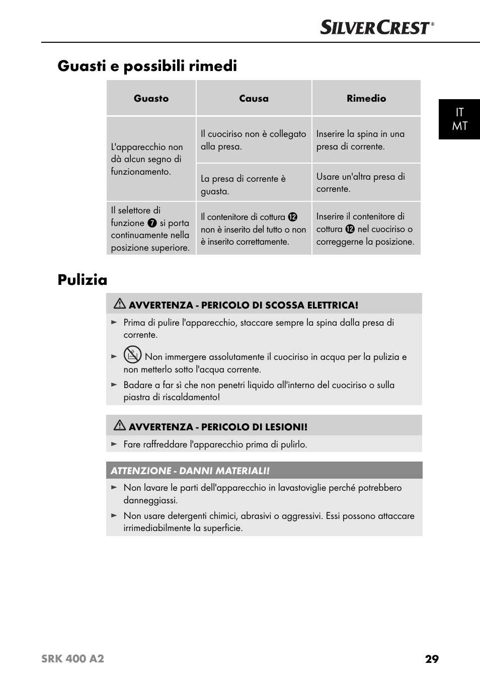 Guasti e possibili rimedi, Pulizia, It mt | Silvercrest SRK 400 A2 User Manual | Page 32 / 84